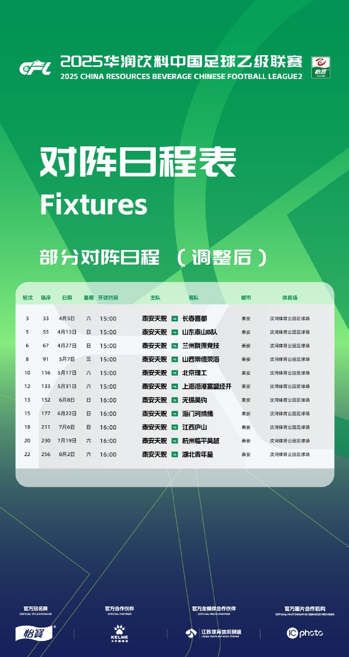 中乙联赛同意调整泰安天贶主场比赛场地