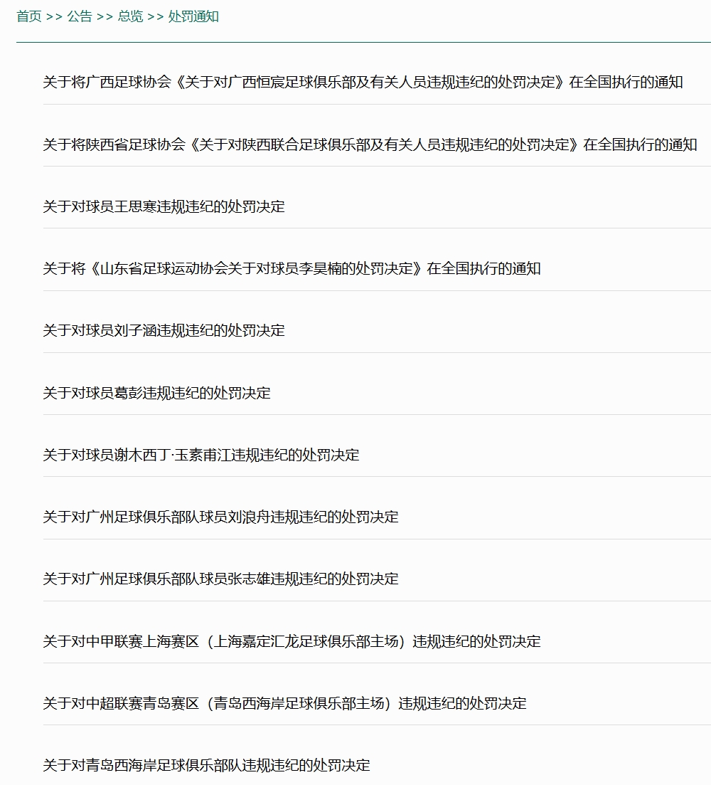 处罚信息披露流程变更至中足联